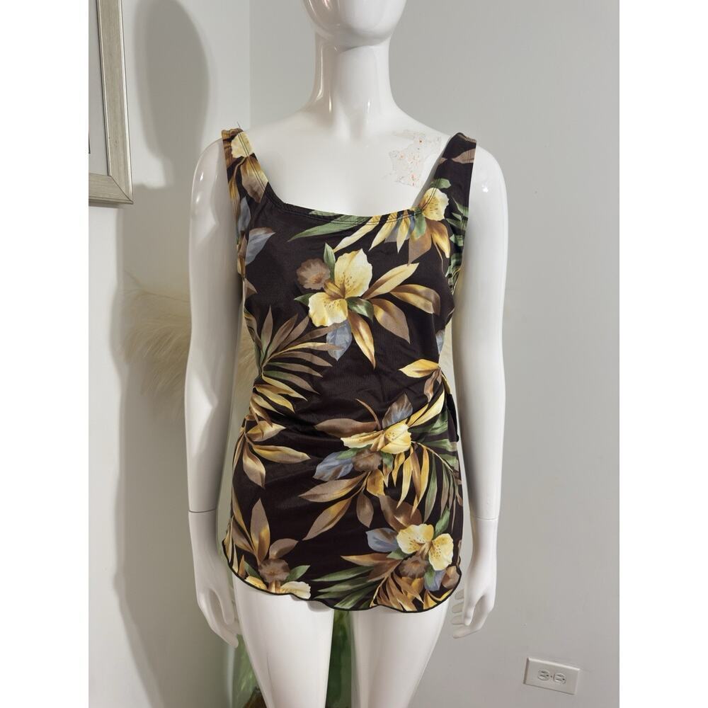 Vintage Ceeb Swimsuit Size 18 Brown Floral One Piece Low Back Swimdress Retro